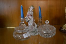 Pair of Glass Candlesticks, Two Glass Bowls and a Ornament