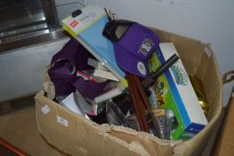 Box of Assorted Items; Swagger Sticks, Skylanders Games, Cards, Hats, etc.