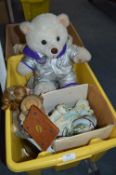 Box Containing Part Tea Sets, Dolls, Teddy Bear and a Figurine