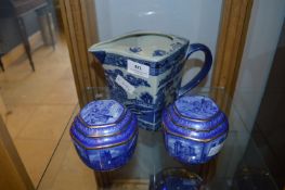 Ringtons Blue and White Jug and Two Ginger Jars