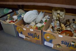 Three Boxes Containing Ornaments, Figurines, Dinnerware, Vases, etc.