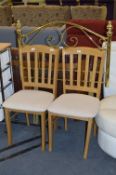 Pair of Beech Dining Chairs and a Single Brass Headboard