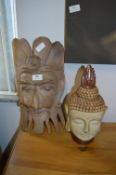 Carved Wood Mask and Pottery Buddha