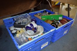 Two Boxes Containing Ornaments, Pottery Bowls, Teapots, Bed Warmer, Light Shade, Glassware, etc.