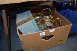 Box Containing Brass Oil Lamp, Desk Lamps, Wall Lights and a Steam Iron