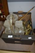 Box Containing Brassware, Horse Brasses, Spigot, Glass Lidded Jar and Decanters