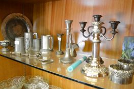 Silver Plated Candelabra, Pewter Mugs, Pewter Tray, etc.