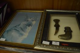 Framed Kunja Knife and a Print of German Shepherd