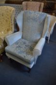 Blue Floral Upholstered Wing High Back Arm Chair