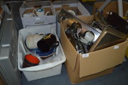 Two Boxes Containing Stainless Steel Kitchenware, Tea Sets, Casserole Dish, Teapots, Mugs, etc.