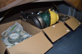 Three Large Boxes of Kitchenware Including Steel Pan Set, Steamer, Kettle, Blender and Dinnerware