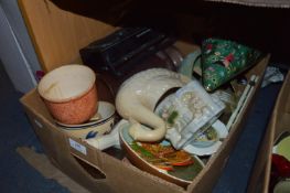 Box Containing Ornaments, Radio, Glass Vase, etc.