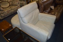 White Leather Swivel Armchair and Pouffe