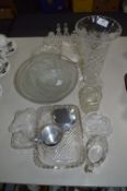 Collection of Glassware Including; Condiment Set, Vase, Punch Bowl, etc.