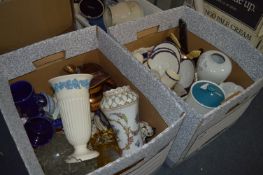 Two Boxes Pottery Jugs, Vases, Glassware, Teapot, Large Bowl and Cutlery