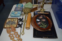 Table Lot of Trays, Brassware, Tins of Buttons, Candlestick, etc.