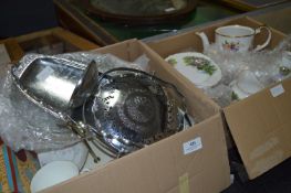 Two Boxes Containing Part Tea Sets, Teapot, Chrome Dishes, Cake Plate, etc.