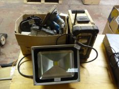 Box Containing Electric Components, Makita Radio and LED Flood Lamp