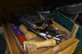 Box of Assorted Kitchen Tools, Six Bamboo Trays, etc.