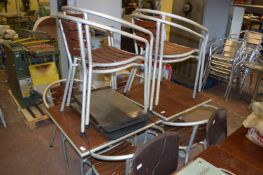 Two Tubular Framed Square Tables with Teak Tops and Eight Tubular Framed Chairs with Teak Seats