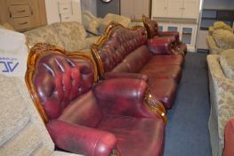 Walnut Framed Red Leather Three Piece Suite