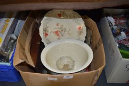 Box Lot Containing Glassware, Cake Plates, Jardiniere, etc.