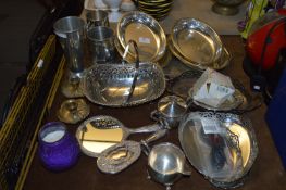 Table Lot; Silver Plated Dishes, Pewter Mugs, Vanity Mirror