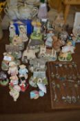 Table Lot; Pottery Cottages, Collectors Spoons, Figurines