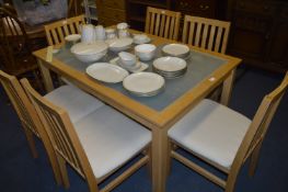 Oak Glass Topped Dining Table with Six Slat Back Dining Chairs