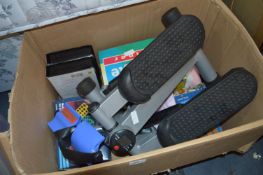 Box Containing Ericsson Mobile Phone, Aerobics Stepper and an Ab Trainer, etc.