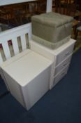 White Laminated Three Drawer Side Cabinet and Storage Box with an Ottoman