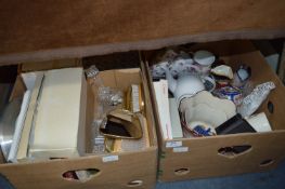 Two Boxes Containing Part Tea Set, Cutlery, Jardinieres, Vanity Set, Christmas Decorations, Wall