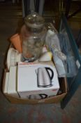 Box Containing Kitchenware, Scales, Kettle, Glass Jars, etc.