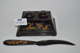 Chinese Black Lacquered Inkwell and Paper Knife with Dragon Decoration