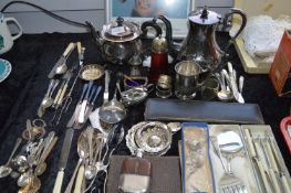 Collection of Silver Plated Ware; Teapot, Condiment Set, Cased and Loose Cutlery, Carving Set, etc.