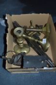 Box Containing Brass Candlesticks, Folding Measure, Brass Frog, etc.