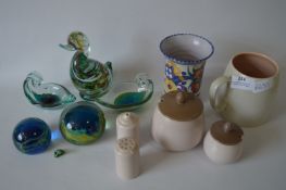 Poole Pottery; Condiment Set, Vase, Mug and Murano Paperweights