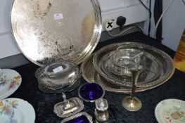 Collection of Silver Plated Ware; Trays, Condiment Sets, Preserve Dish, etc.