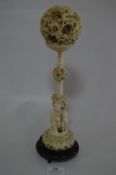 Carved Ivory Puzzle Ball on Carved Ivory Stand and Base