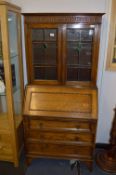 Oak Bureau Bookcase with Leaded Glass Doors