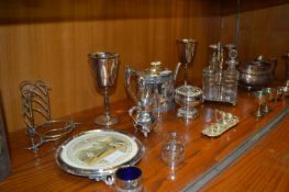 Collection of Silver Plated Ware; Teapot, Vases, Teapot Stand, Condiment Set, etc.