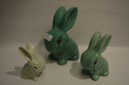 Three Green Pottery Rabbits
