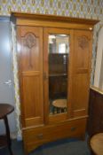 Oak Single Mirrored Door Wardrobe with Carved Panels