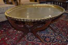 Large Indian Brass Tray Topped Table with Folding Mahogany Base
