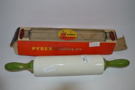 Nut Brown Pottery Rolling Pin and a Pyrex Rolling Pin