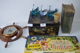 Pifco Elfinlites, Ships Wheel Barometer, Beatons Cookbook, Glassware and a Tin