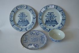 Pair of Tin Glaze Delft Plates, Blue & White Bowl and a Adams Blue & White Plate