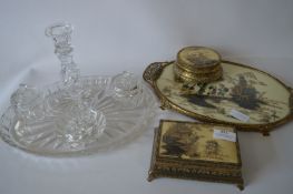 Glass Dressing Table Set, Oriental Brass Tray, Trinket Box and a Powder Box