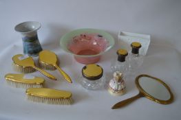 Yellow Cloisonne Enamel Vanity Set, Coloured Glass Bowl, Two Vases and a Mouse Ornament