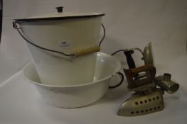 White Enameled Bucket, Bowl and Two Irons